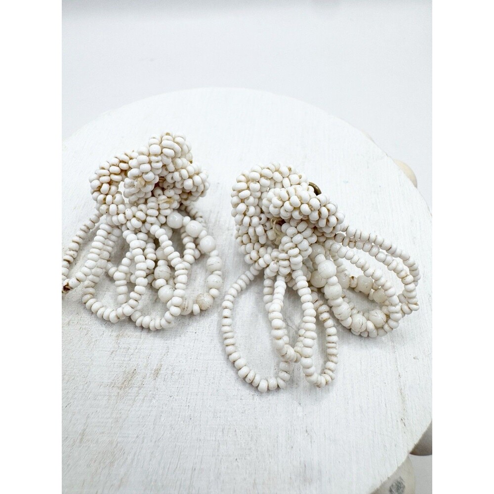 Vintage Milk Glass Seed Bead Knot Screwback Earrings Brass
